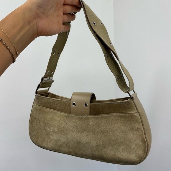 Vintage Y2K Express Beige Suede Canvas Strap East West Underarm Shoulder Bag - Picture 13 of 16